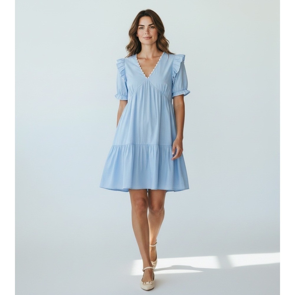 Simply Southern Ric-Rac Tiered Babydoll Dress Women M Blue Boho Ruffle Flowy NWT